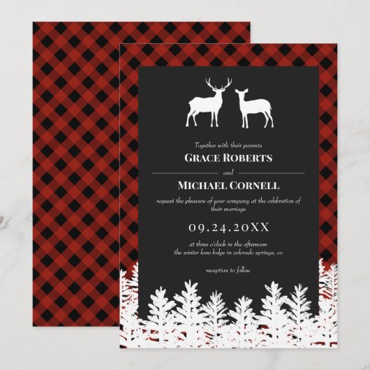 Red Buffalo Check Rustic Deer Buck Doe Wedding Kaart (Voorkant / Achterkant)