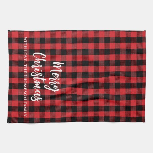 Red Buffalo Check Vrolijk Kerstfeest Theedoek (Horizontaal)