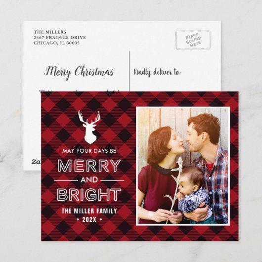 Red Buffalo Check vrolijke en heldere kerstfoto Briefkaart (Voorkant / Achterkant)