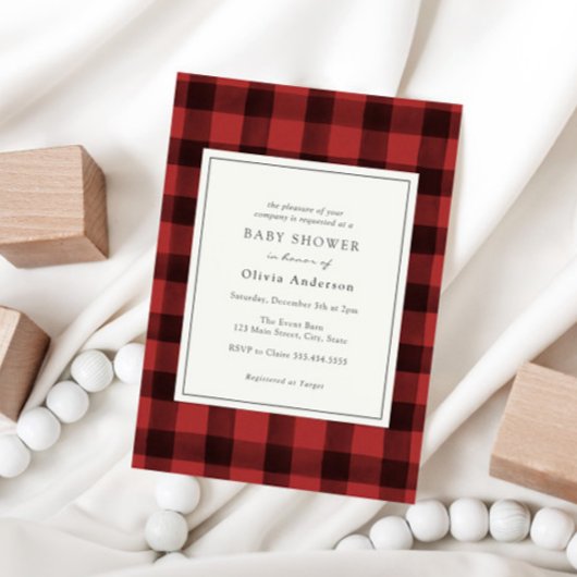 Red Buffalo Plaid Baby shower Invitation Kaart