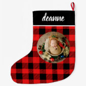 Red Buffalo Plaid Baby's eerste kerstfoto Grote Kerstsok (Achterkant)