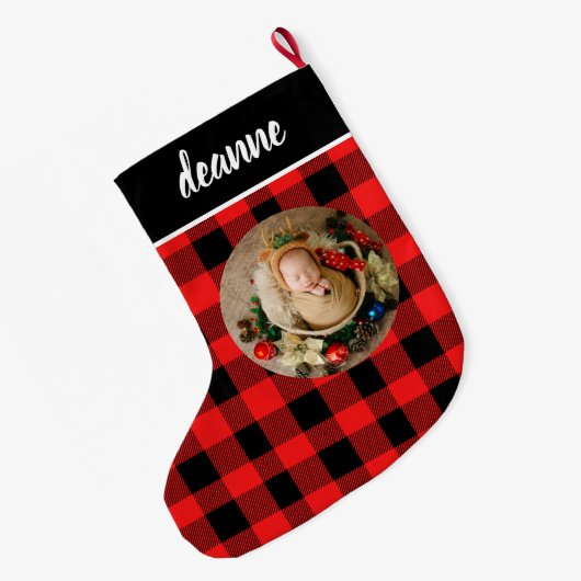 Red Buffalo Plaid Baby's eerste kerstfoto Grote Kerstsok (Achterkant (Hangend))