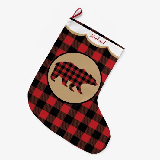 Red Buffalo Plaid Beer gepersonaliseerd Grote Kerstsok (Voorkant (Hangend))