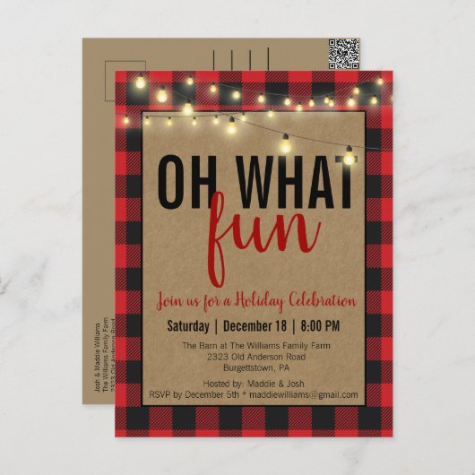 Red Buffalo Plaid Check Fun Holiday Party Uitnodig Feestdagenkaart (Voorkant / Achterkant)