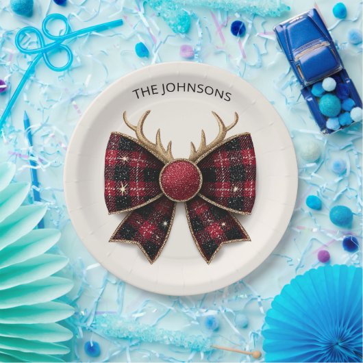 Red Buffalo Plaid Christmas Bow Paper Plates Papieren Bordje (Feest)
