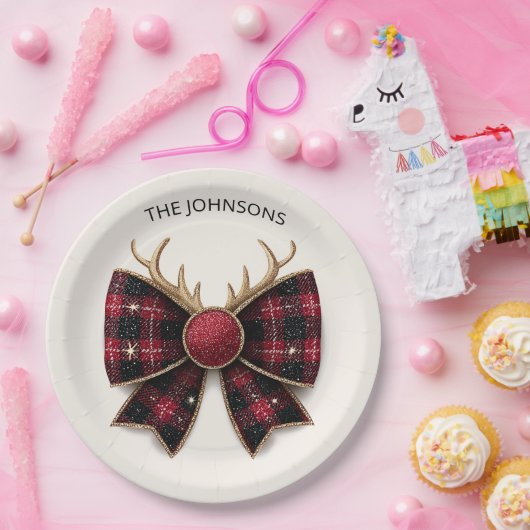 Red Buffalo Plaid Christmas Bow Paper Plates Papieren Bordje (Feest)