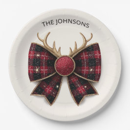 Red Buffalo Plaid Christmas Bow Paper Plates Papieren Bordje