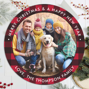 Red Buffalo Plaid Custom Photo Merry Christmas Ronde Sticker