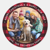 Red Buffalo Plaid Custom Photo Merry Christmas Ronde Sticker (Voorkant)