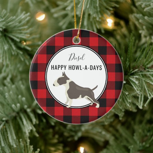 Red Buffalo Plaid Custom Pitt Bull Dog Ornament (Boom)