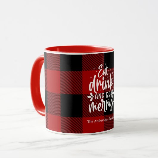 Red Buffalo Plaid “Eat, Drink & Be Merry" Mok (Voorkant links)