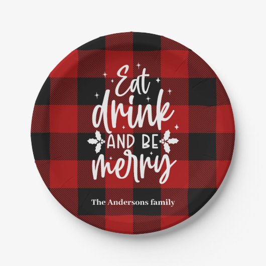 Red Buffalo Plaid “Eat, Drink & Be Merry” Papieren Bordje (Voorkant)