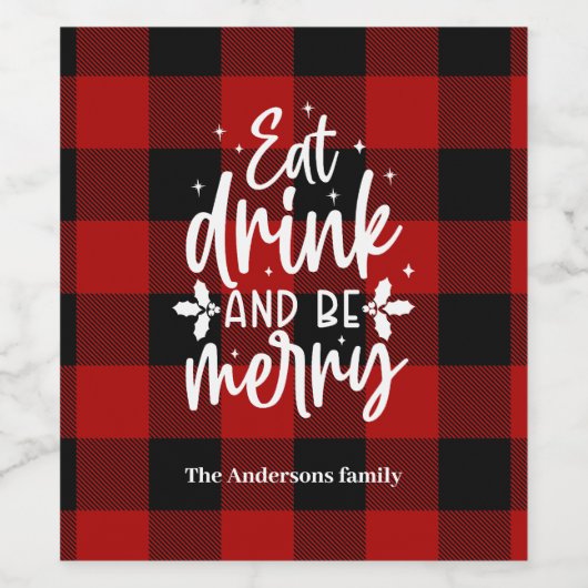 Red Buffalo Plaid “Eat, Drink & Be Merry”  Wijn Etiket (Enkel label)