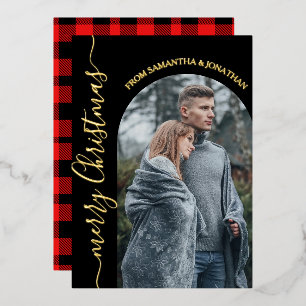 Red Buffalo Plaid elegante kerstfoto Folie Feestdagenkaart