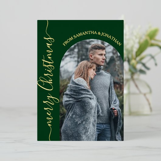 Red Buffalo Plaid elegante kerstfoto Folie Feestdagenkaart (Staand Voorkant)