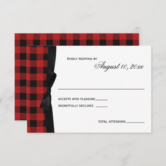 Red Buffalo Plaid en lint respons RSVP Kaartje (Voorkant / Achterkant)