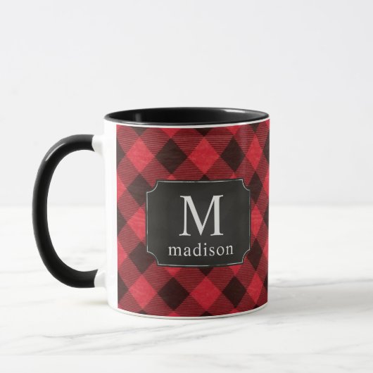 Red Buffalo Plaid Flanel Monogrammed Naam Mok (Links)