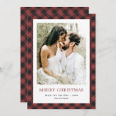 Red Buffalo Plaid Foto Vrolijk Kerstfeest Feestdagenkaart (Voorkant / Achterkant)