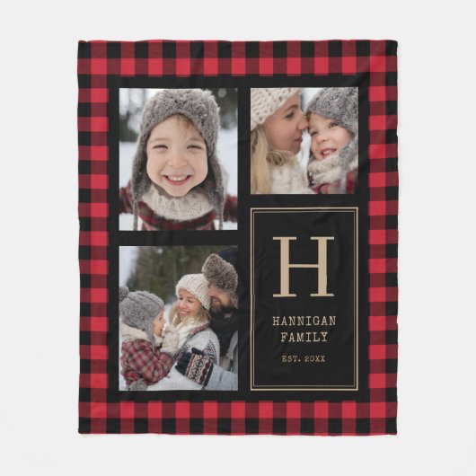 Red Buffalo Plaid Fotocollage Monogram Fleece Deken (Voorkant)
