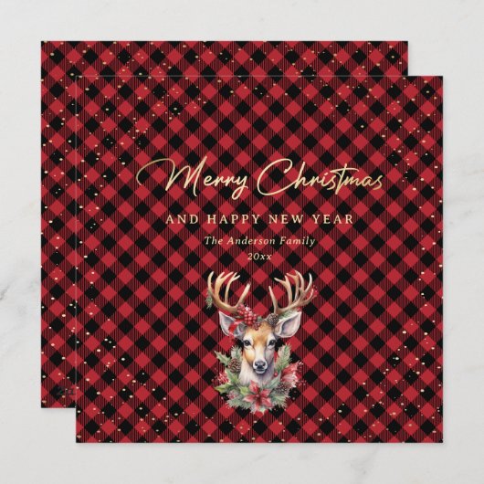 Red Buffalo Plaid Gold Reindeer Snow Feestdagenkaart (Voorkant / Achterkant)
