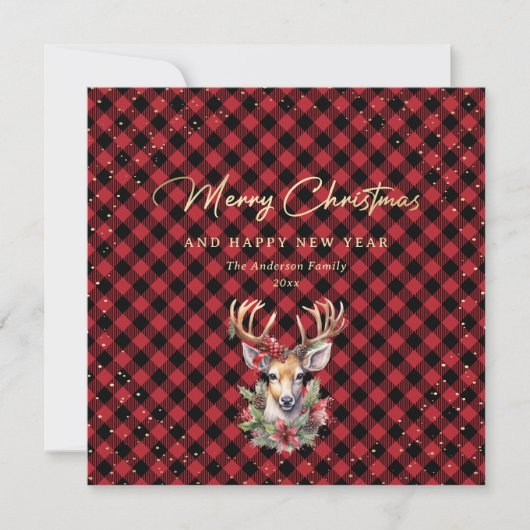 Red Buffalo Plaid Gold Reindeer Snow Feestdagenkaart (Voorkant)