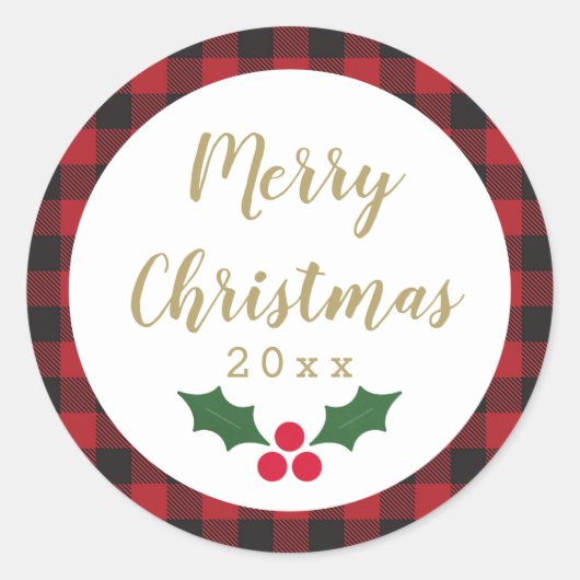 Red Buffalo Plaid Goud Vrolijk Kerstfeest 2021 Ronde Sticker (Voorkant)