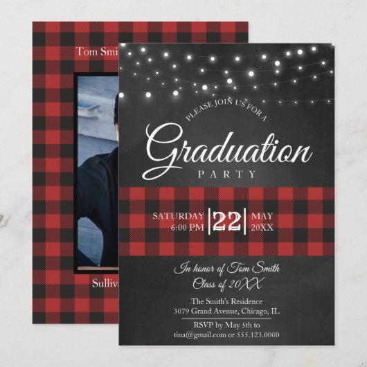 Red Buffalo Plaid Graduation Party Kaart (Voorkant / Achterkant)