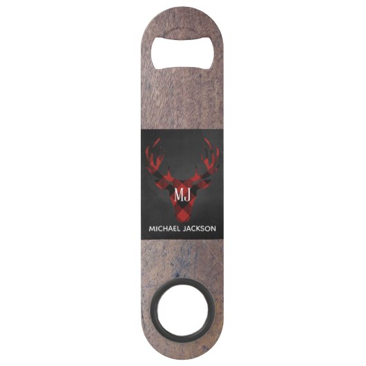 Red Buffalo Plaid Herten Hoofd Monogram Speed Flessenopener (Voorkant)