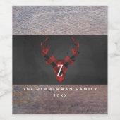 Red Buffalo Plaid Herten Hoofd Monogram Wijn Etiket (Enkel label)