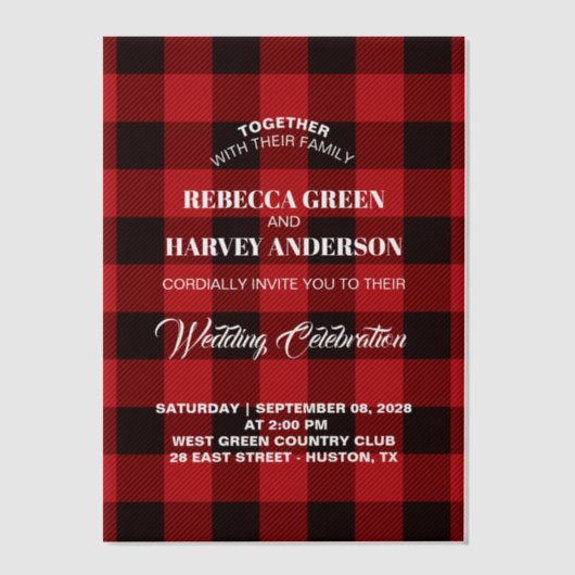 Red Buffalo plaid houthakker winterhut bruiloft Vellum Uitnodigingen (Voorkant)