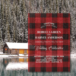 Red Buffalo plaid houthakker winterhut bruiloft Vellum Uitnodigingen