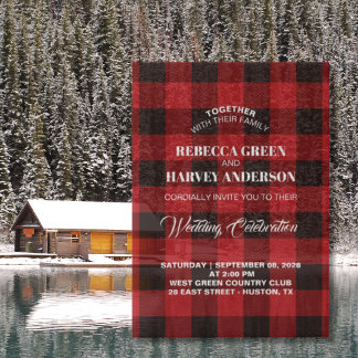 Red Buffalo plaid houthakker winterhut bruiloft Vellum Uitnodigingen