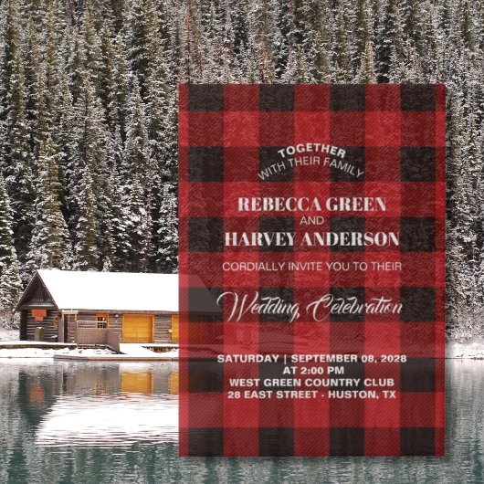 Red Buffalo plaid houthakker winterhut bruiloft Vellum Uitnodigingen