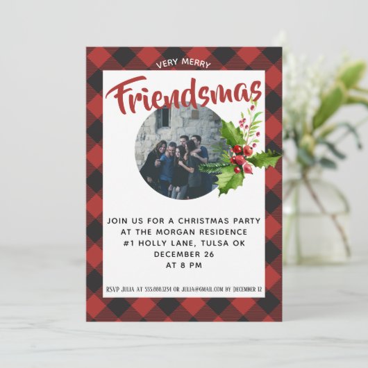 Red Buffalo Plaid Kerstfeest foto uitnodigen Kaart (Staand voorkant)