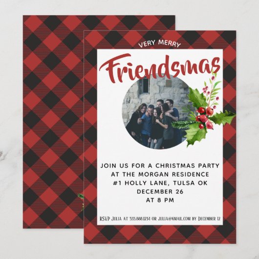 Red Buffalo Plaid Kerstfeest foto uitnodigen Kaart (Voorkant / Achterkant)