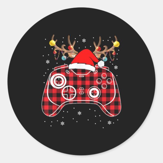 Red Buffalo Plaid Kerstmis Gamer Videogame Xmas Ronde Sticker (Voorkant)