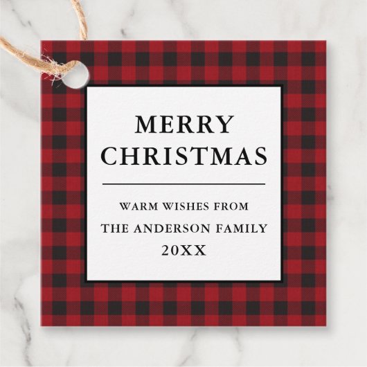 Red Buffalo Plaid Kraft Vrolijk Kerstfeest Bedankjes Labels (Voorkant)