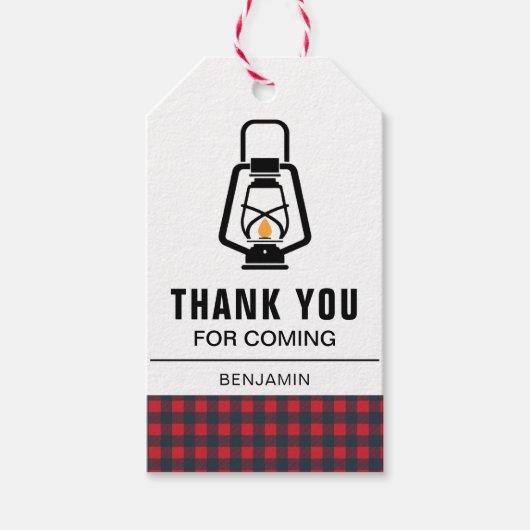 Red Buffalo Plaid Lantern Lumberjack Verjaardag Cadeaulabel (Voorkant)