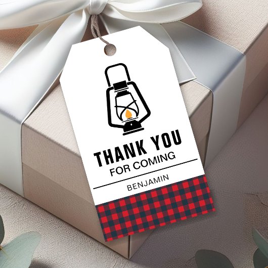 Red Buffalo Plaid Lantern Lumberjack Verjaardag Cadeaulabel