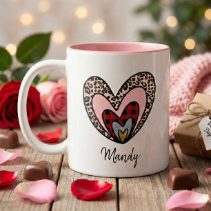Red Buffalo Plaid Leopard Print Hart Valentijnse Tweekleurige Koffiemok