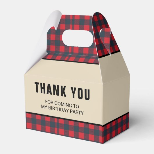 Red Buffalo Plaid Lumberjack Verjaardagsfeestje Bedankdoosjes (Achterkant)