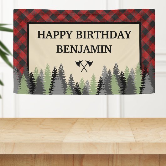 Red Buffalo Plaid Lumberjack Verjaardagsfeestje Spandoek