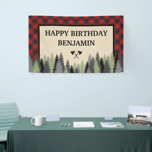 Red Buffalo Plaid Lumberjack Verjaardagsfeestje Spandoek (Beurs)