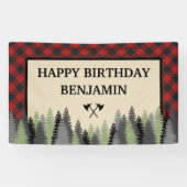 Red Buffalo Plaid Lumberjack Verjaardagsfeestje Spandoek (Horizontaal)