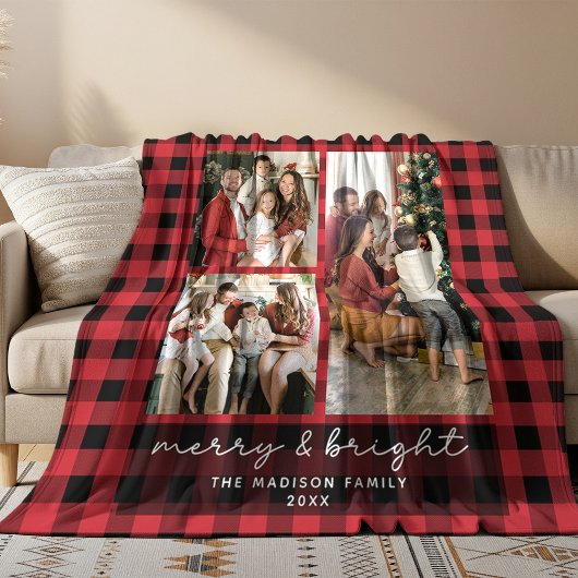 Red Buffalo Plaid Merry & Bright Christmas Photo Fleece Deken