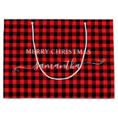 Red Buffalo Plaid Merry Christmas Cute Bow Name Groot Cadeauzakje (Voorkant)