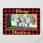Red Buffalo Plaid Merry Christmas One Foto Folie Feestdagenkaart (Voorkant)