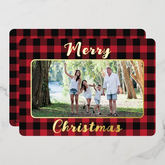 Red Buffalo Plaid Merry Christmas One Foto Folie Feestdagenkaart (Voorkant / Achterkant)