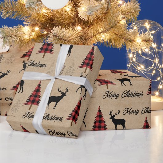 Red Buffalo Plaid & Merry Christmas Woodlands Cadeaupapier (Feestdagen)