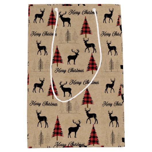 Red Buffalo Plaid & Merry Christmas Woodlands Medium Cadeauzakje (Voorkant)